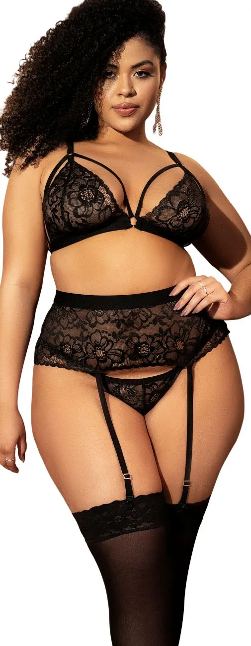 Mapale 8561X Curvy Size Three Piece Lingerie Set Color Black