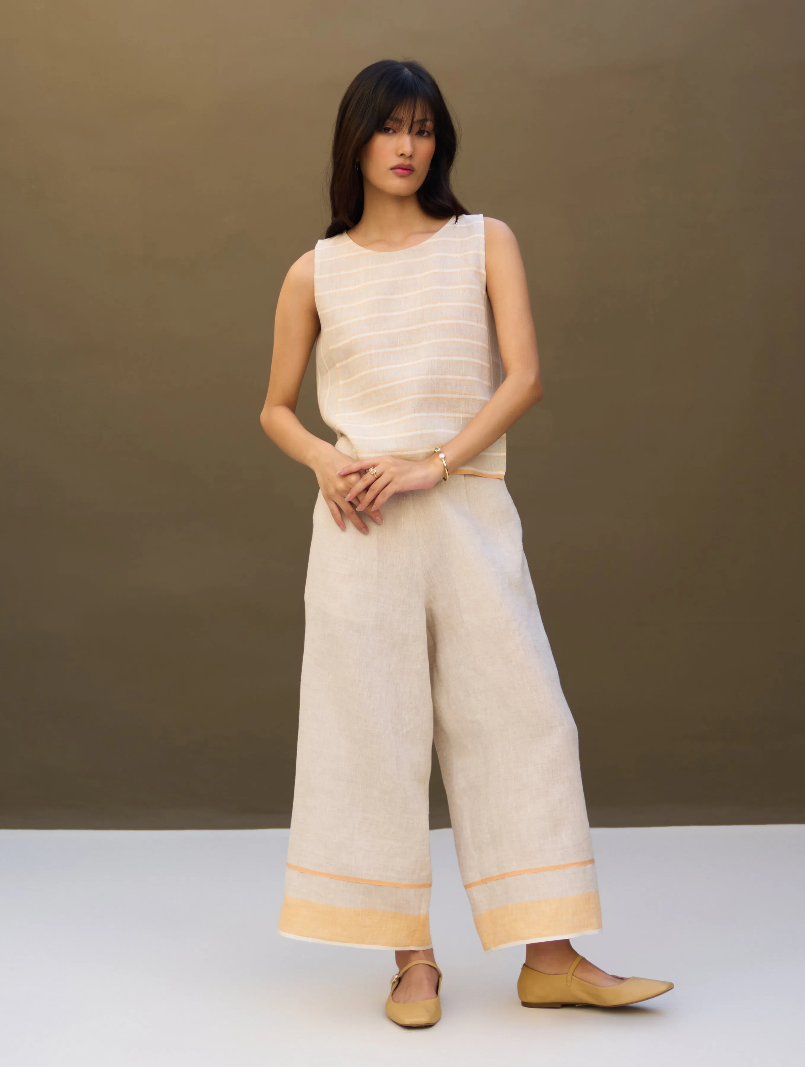 Mara Border Linen Pant - Natural