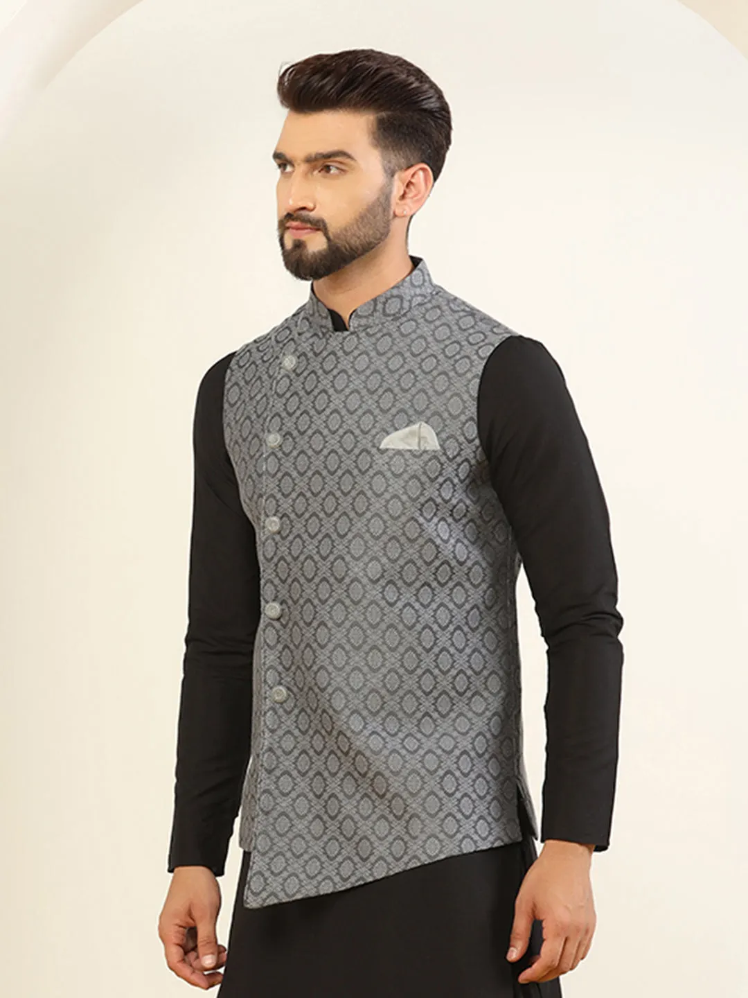 Men Grey Asymmetrical Textured Jacket (Set of 1)