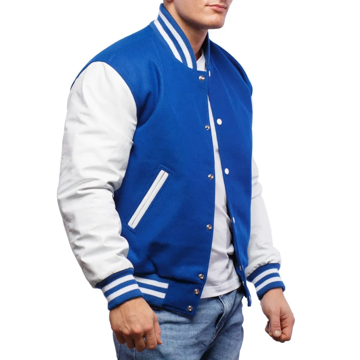 Mens Blue And White Leather Varsity Jacket