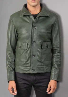 Men's Green Classic Motorcycle Genuine Leather Jacke Embossed Skull Bones