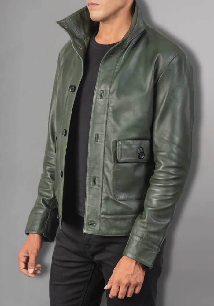 Men's Green Classic Motorcycle Genuine Leather Jacke Embossed Skull Bones