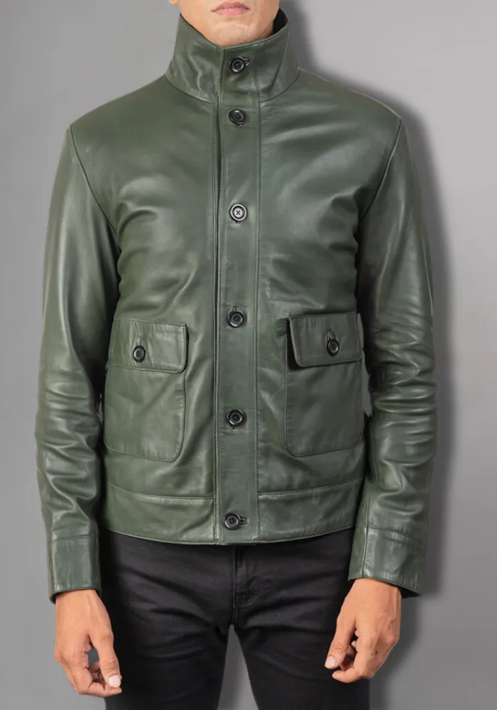 Men's Green Classic Motorcycle Genuine Leather Jacke Embossed Skull Bones