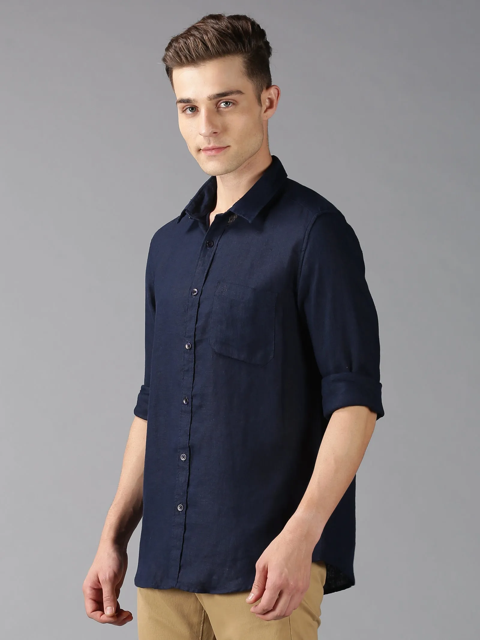 MEN'S NAVY LINEN SOLID SLIM FIT SHIRT