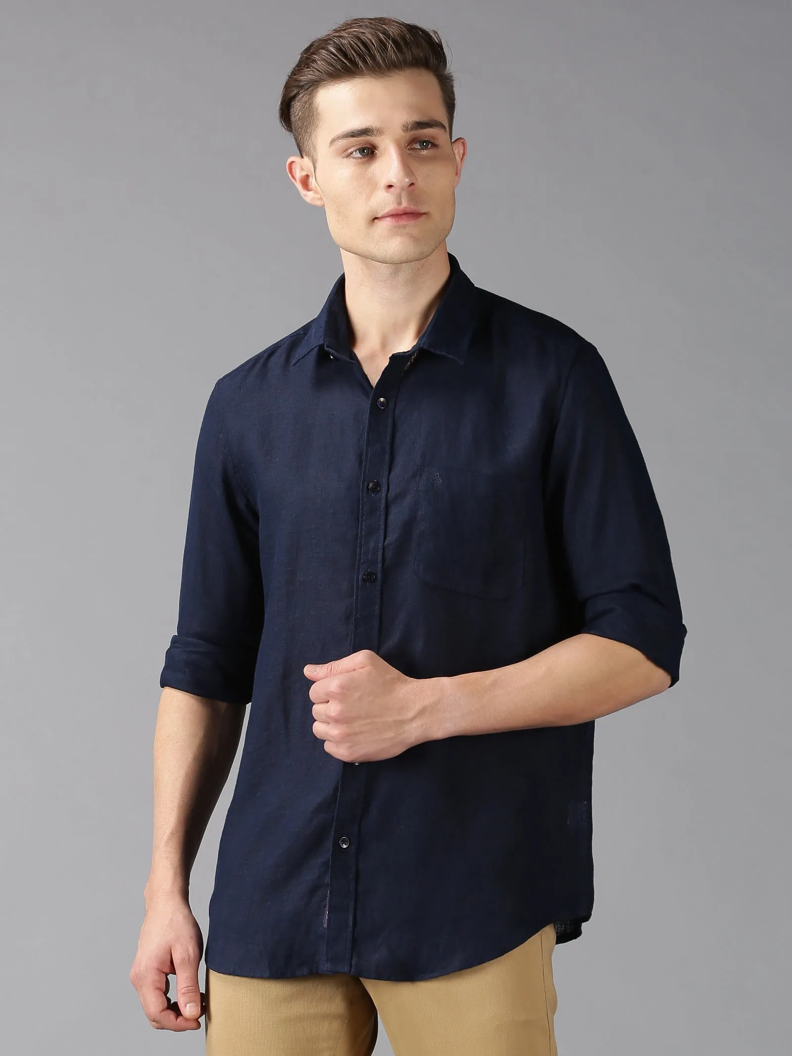 MEN'S NAVY LINEN SOLID SLIM FIT SHIRT