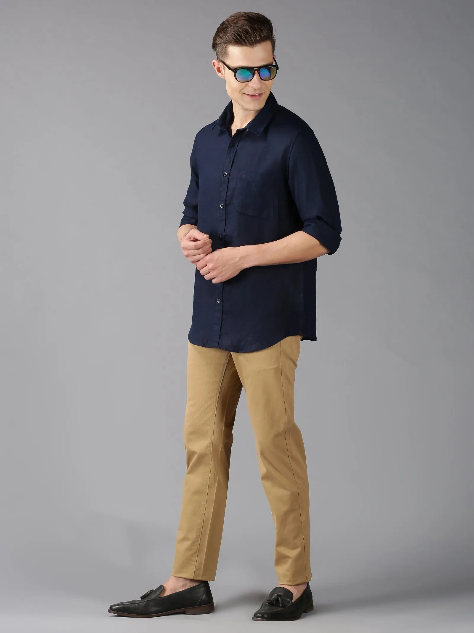 MEN'S NAVY LINEN SOLID SLIM FIT SHIRT