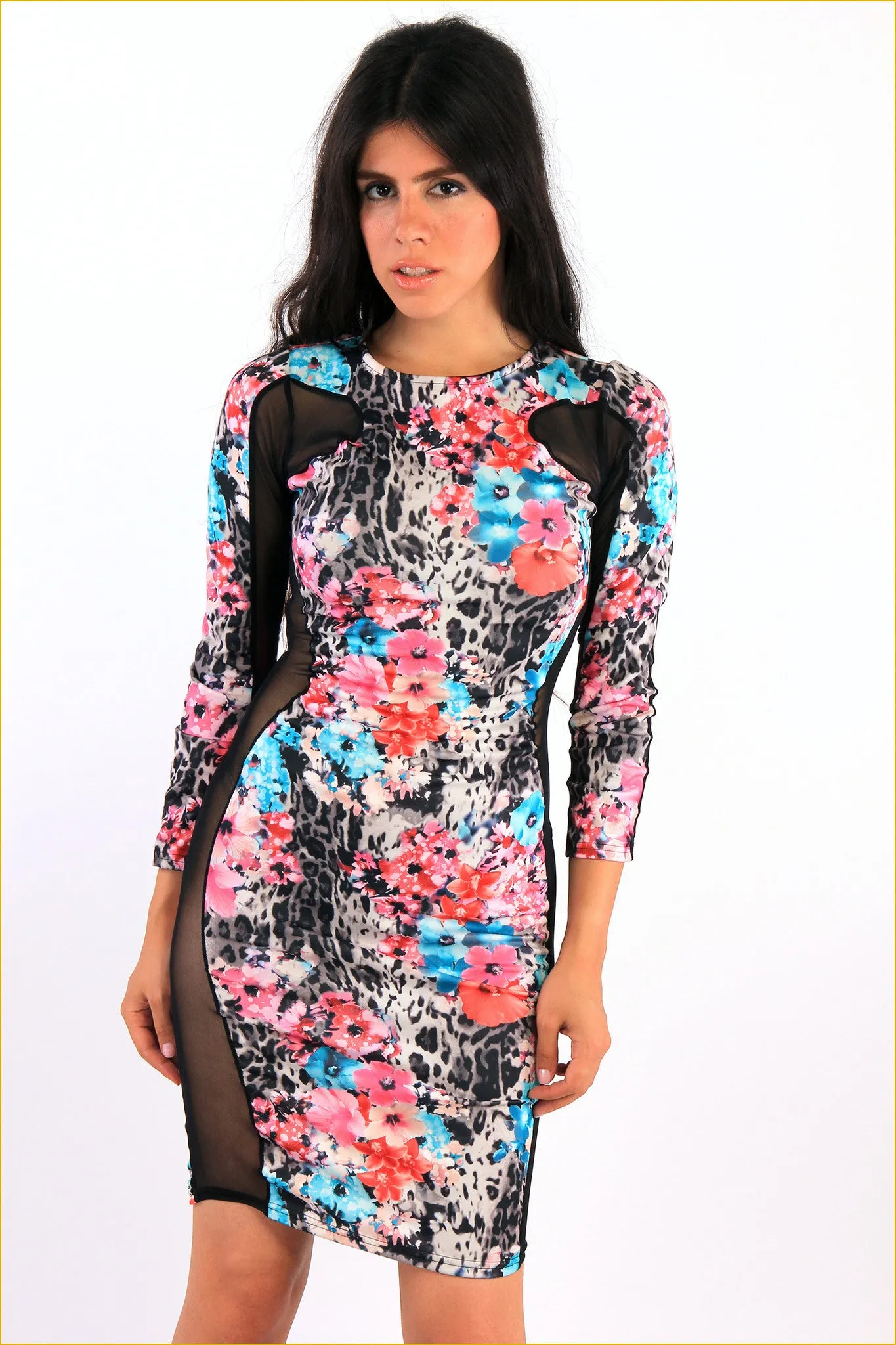 Mesh Insert Floral Midi Dress