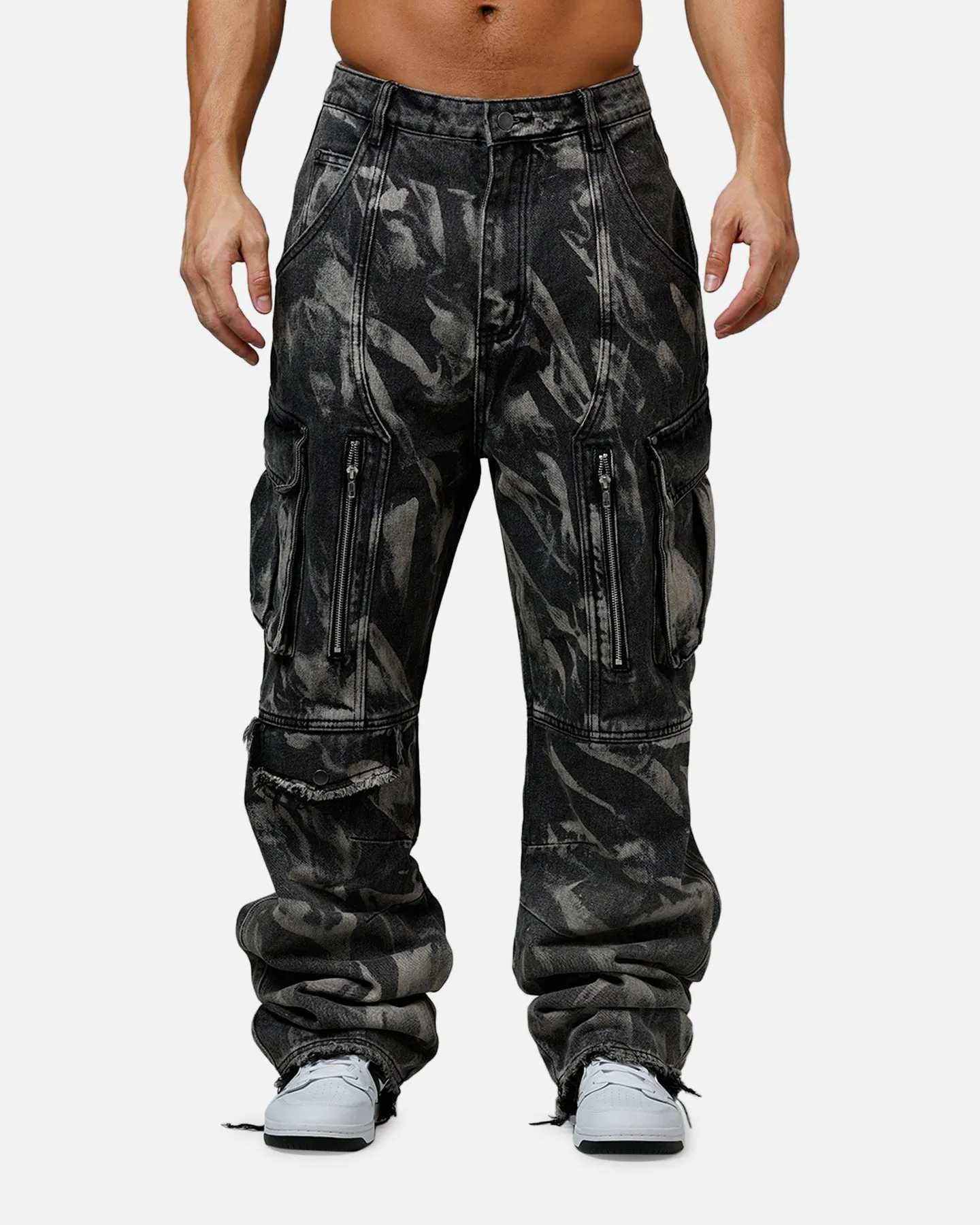 MNML Ultra Baggy Rip Denim Cargo Pant Black