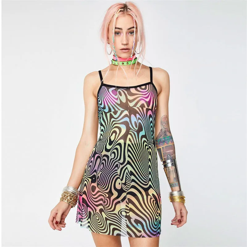 Multi Color Funky Pattern Mesh See Through Bodycon Dress