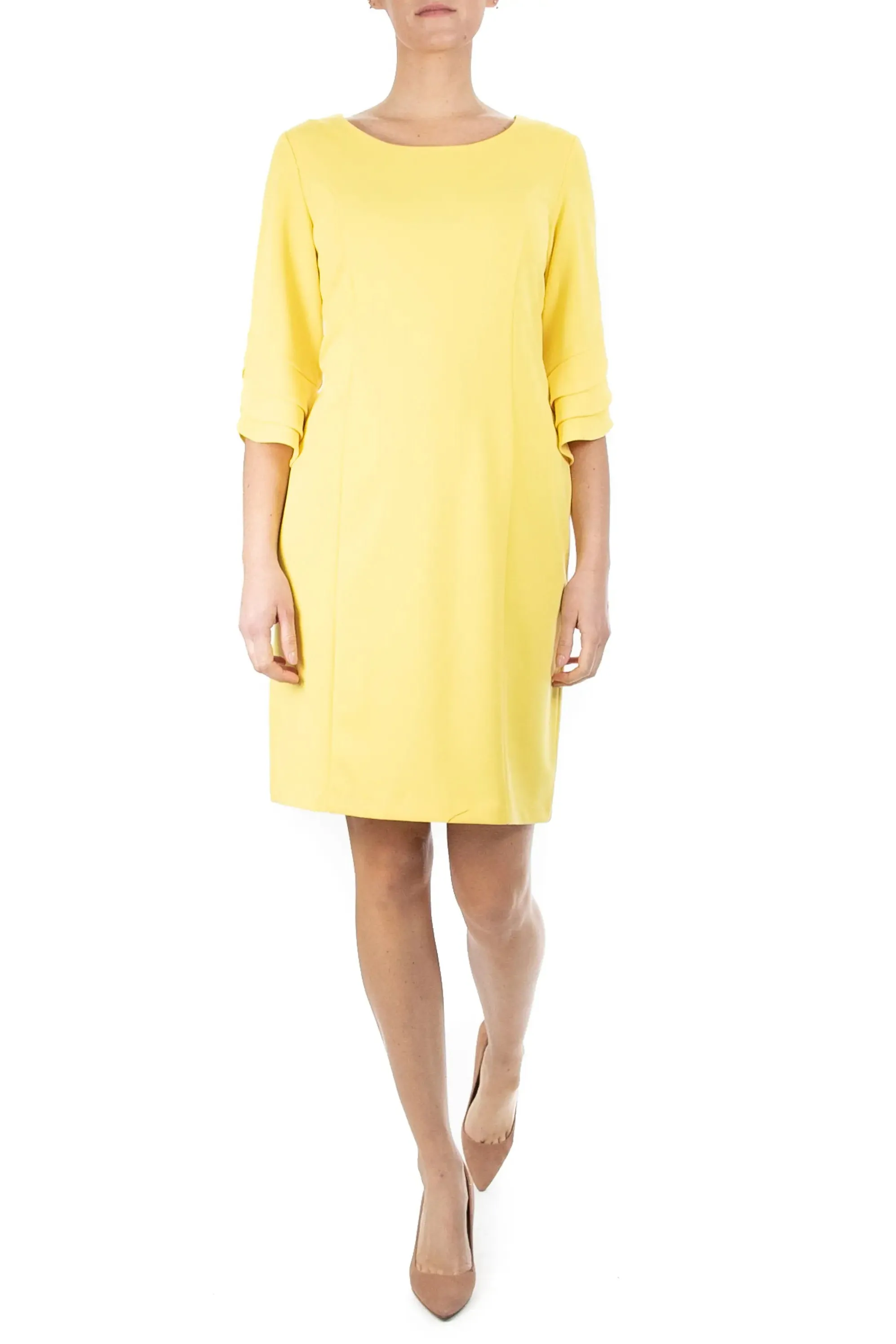 Nina Leonard crew neck tiered 3/4 sleeve bodycon zipper back solid stretch crepe dress