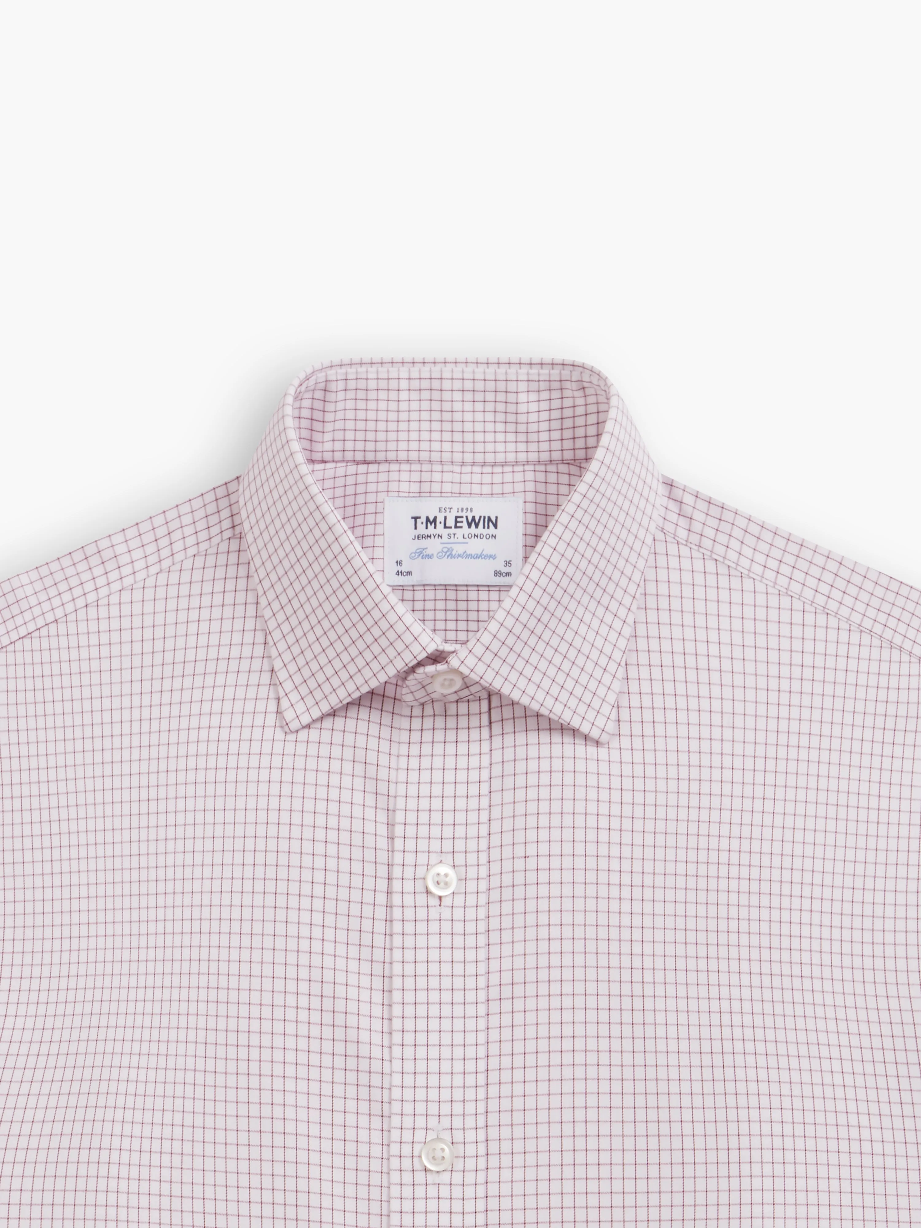 Non-Iron Burgundy Grid Check Twill Fitted Single Cuff Classic Collar Shirt