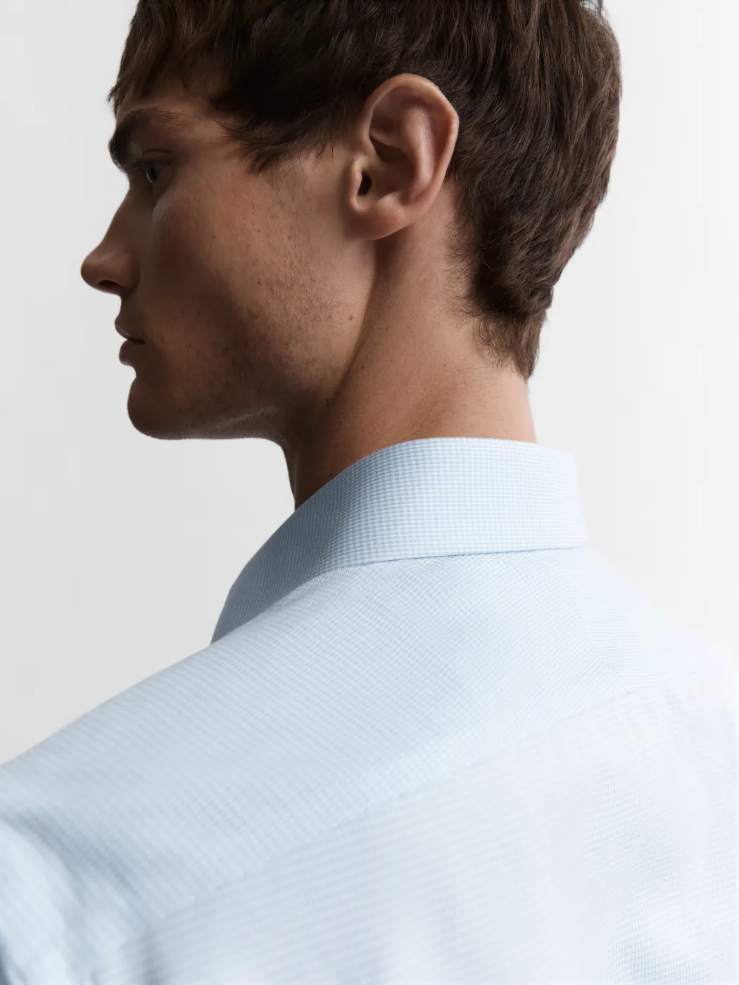 Non-Iron Light Blue Mini Dogtooth Plain Weave Super Fitted Dual Cuff Classic Collar Shirt