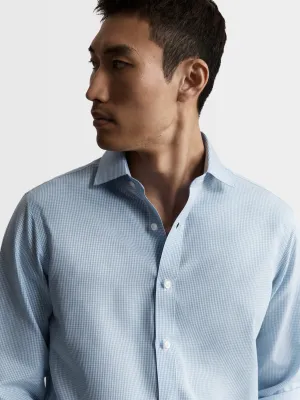 Non-Iron Light Blue Mini Gingham Poplin Fitted Single Cuff Classic Collar Shirt