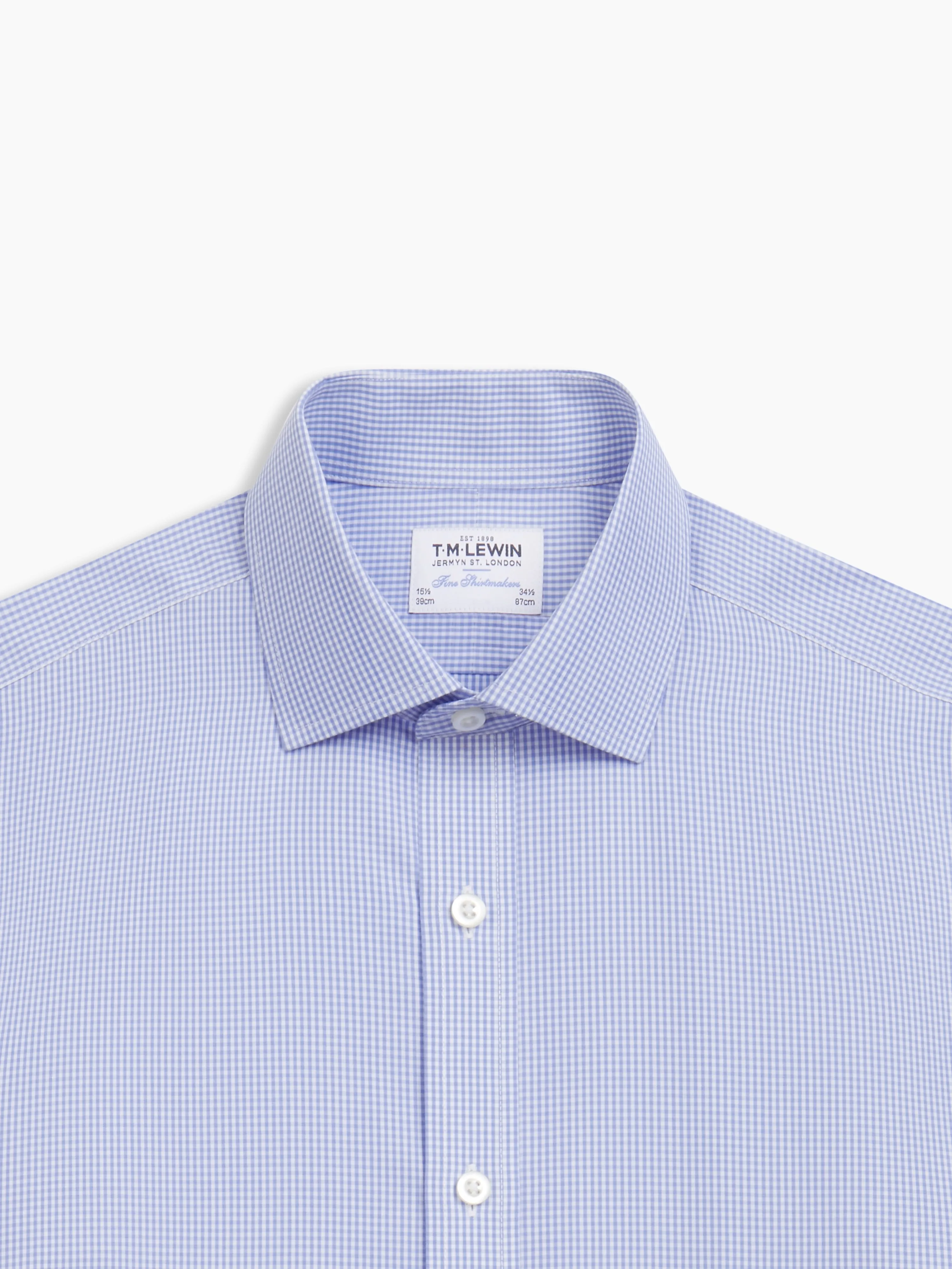 Non-Iron Light Blue Mini Gingham Poplin Fitted Single Cuff Classic Collar Shirt