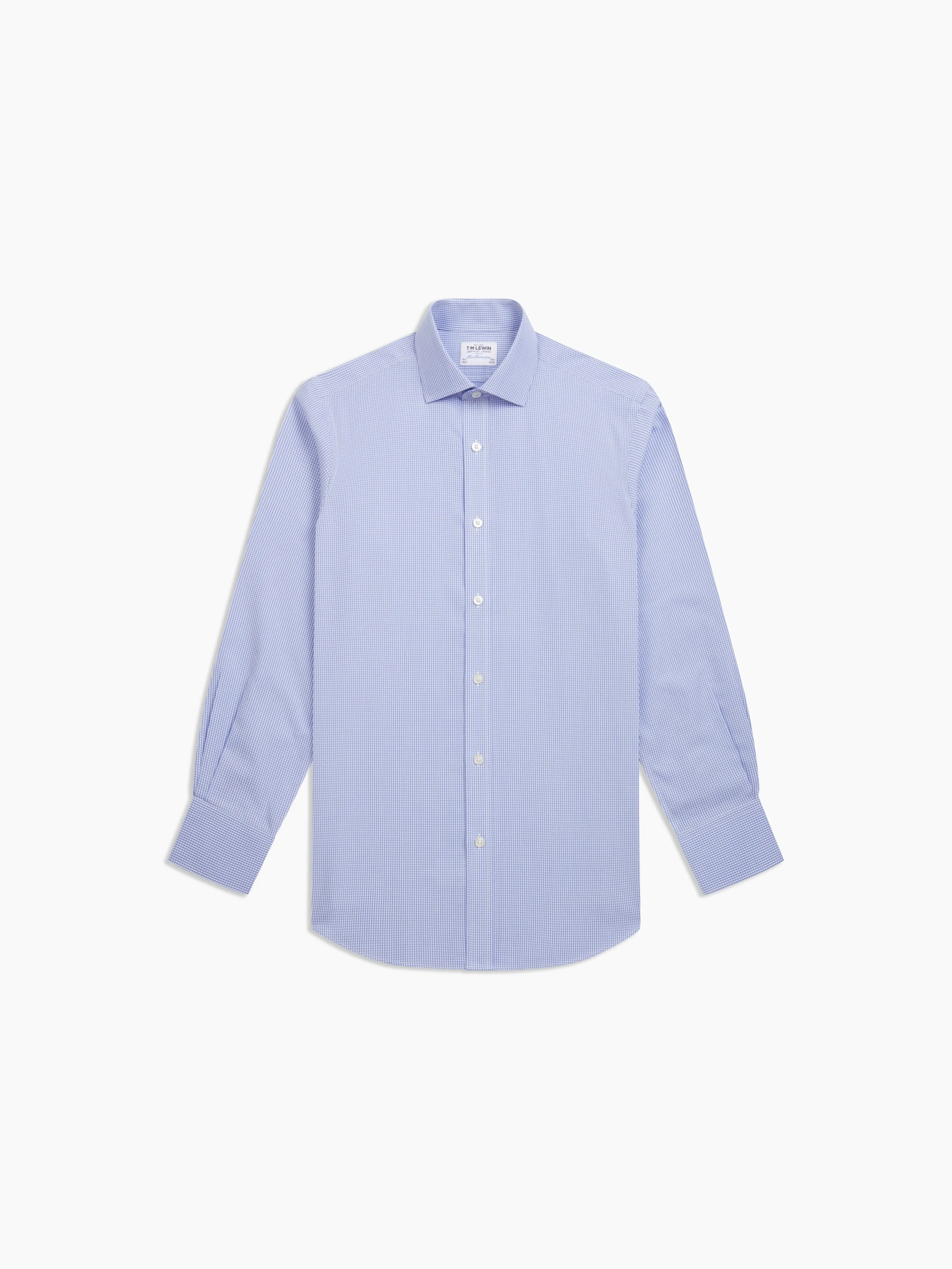 Non-Iron Light Blue Mini Gingham Poplin Fitted Single Cuff Classic Collar Shirt