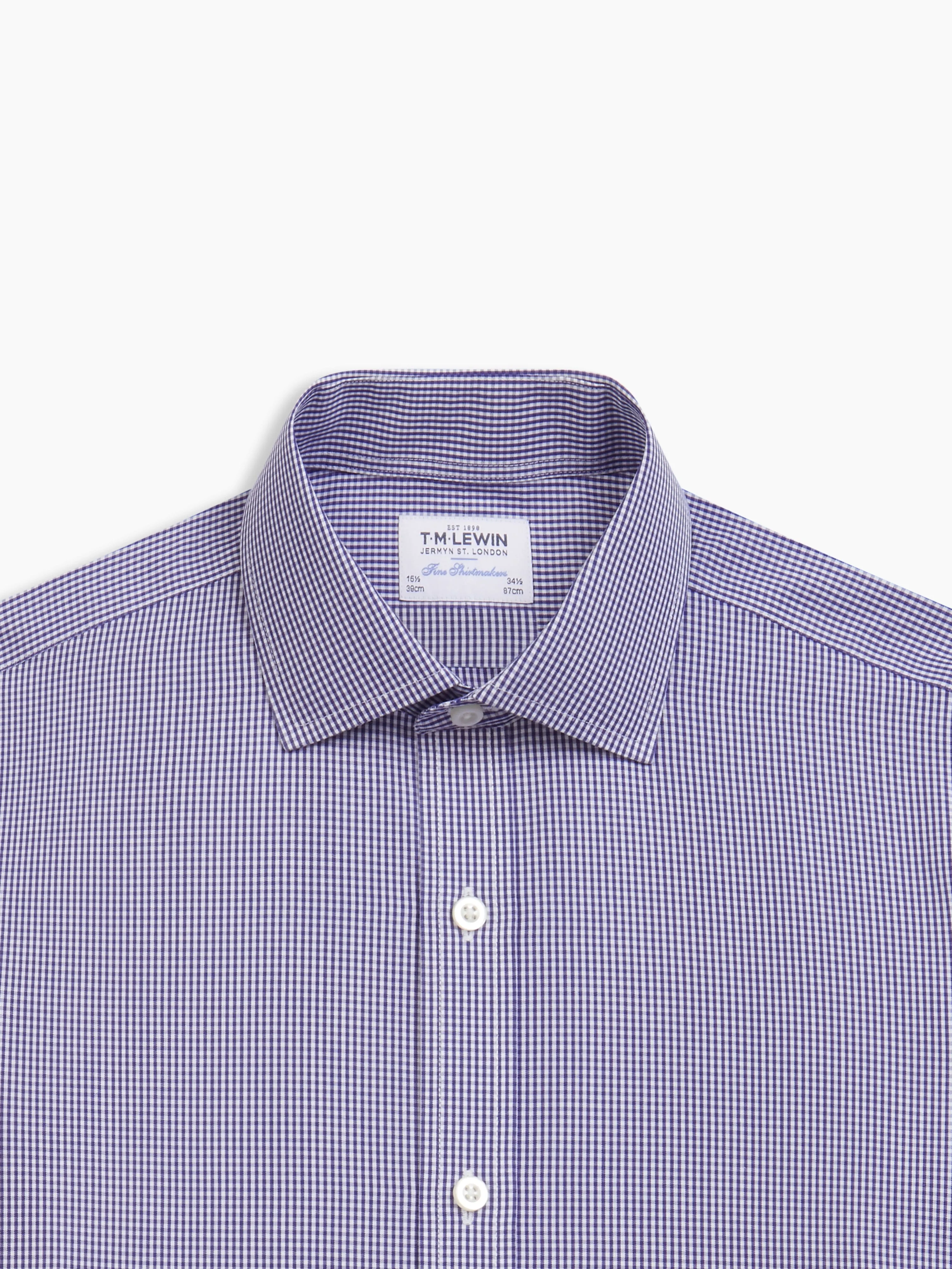 Non-Iron Navy Blue Mini Gingham Poplin Fitted Single Cuff Classic Collar Shirt