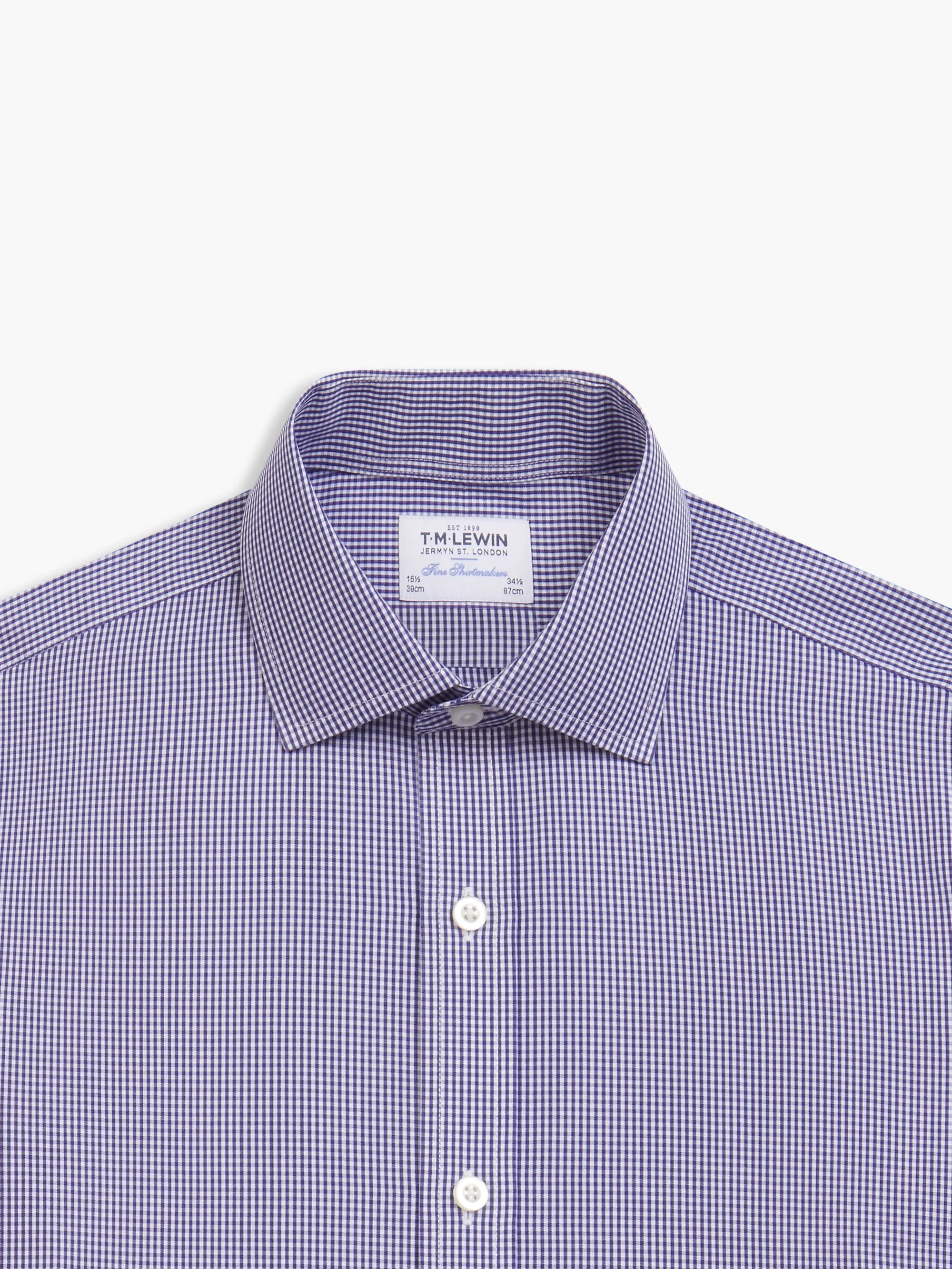 Non-Iron Navy Blue Mini Gingham Poplin Slim Fit Single Cuff Classic Collar Shirt