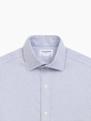 Non-Iron Navy Blue Mini Grid Check Plain Weave Fitted Single Cuff Semi-Cutaway Collar Shirt