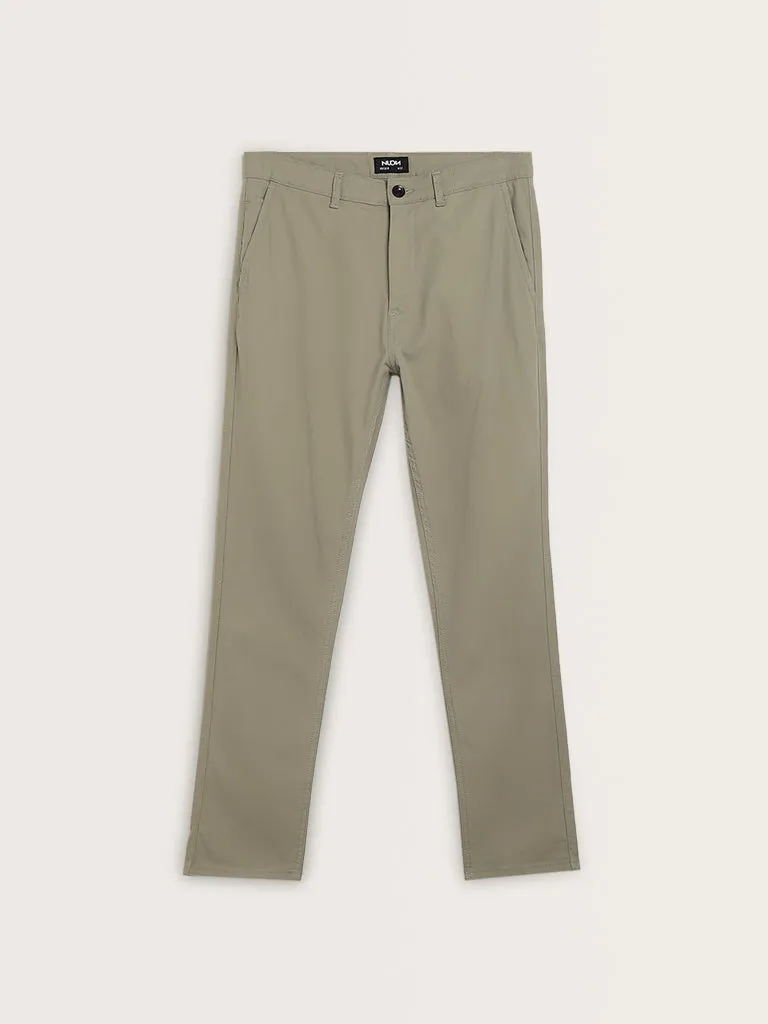 Nuon Dusty Olive Mid-Rise Slim-Fit Cotton Blend Chinos