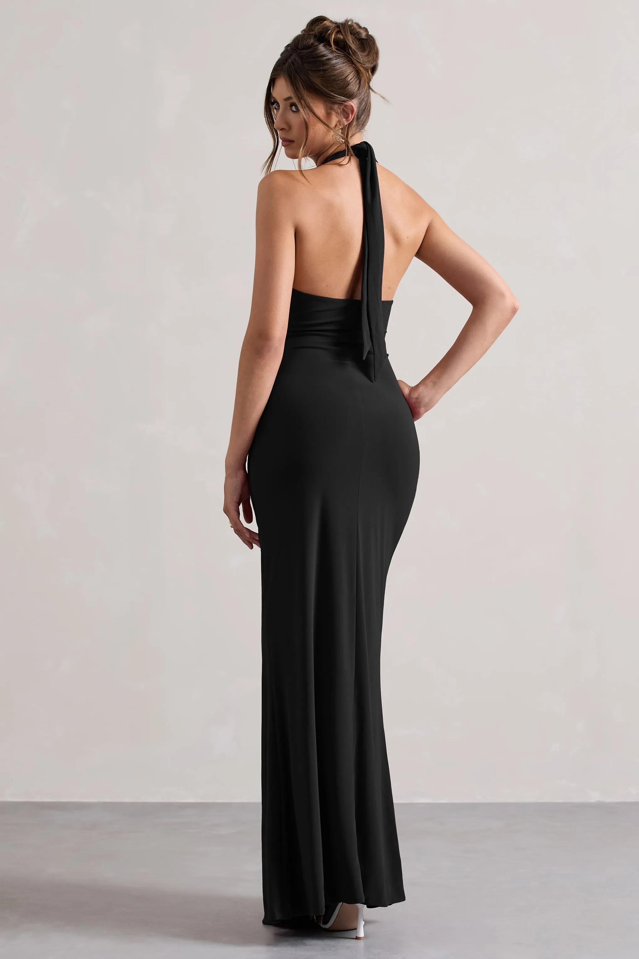 Payton | Black Ruched Halter-Neck Maxi Dress