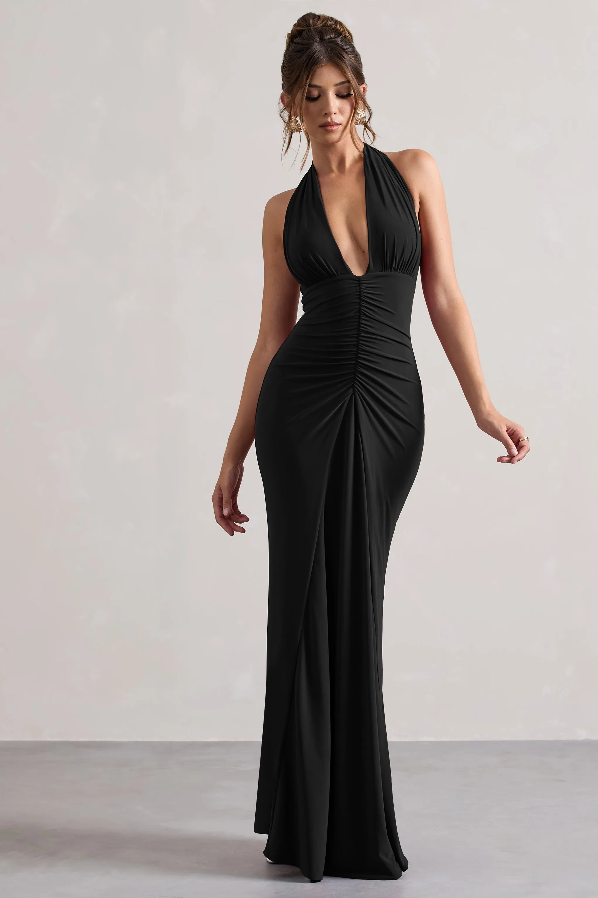 Payton | Black Ruched Halter-Neck Maxi Dress