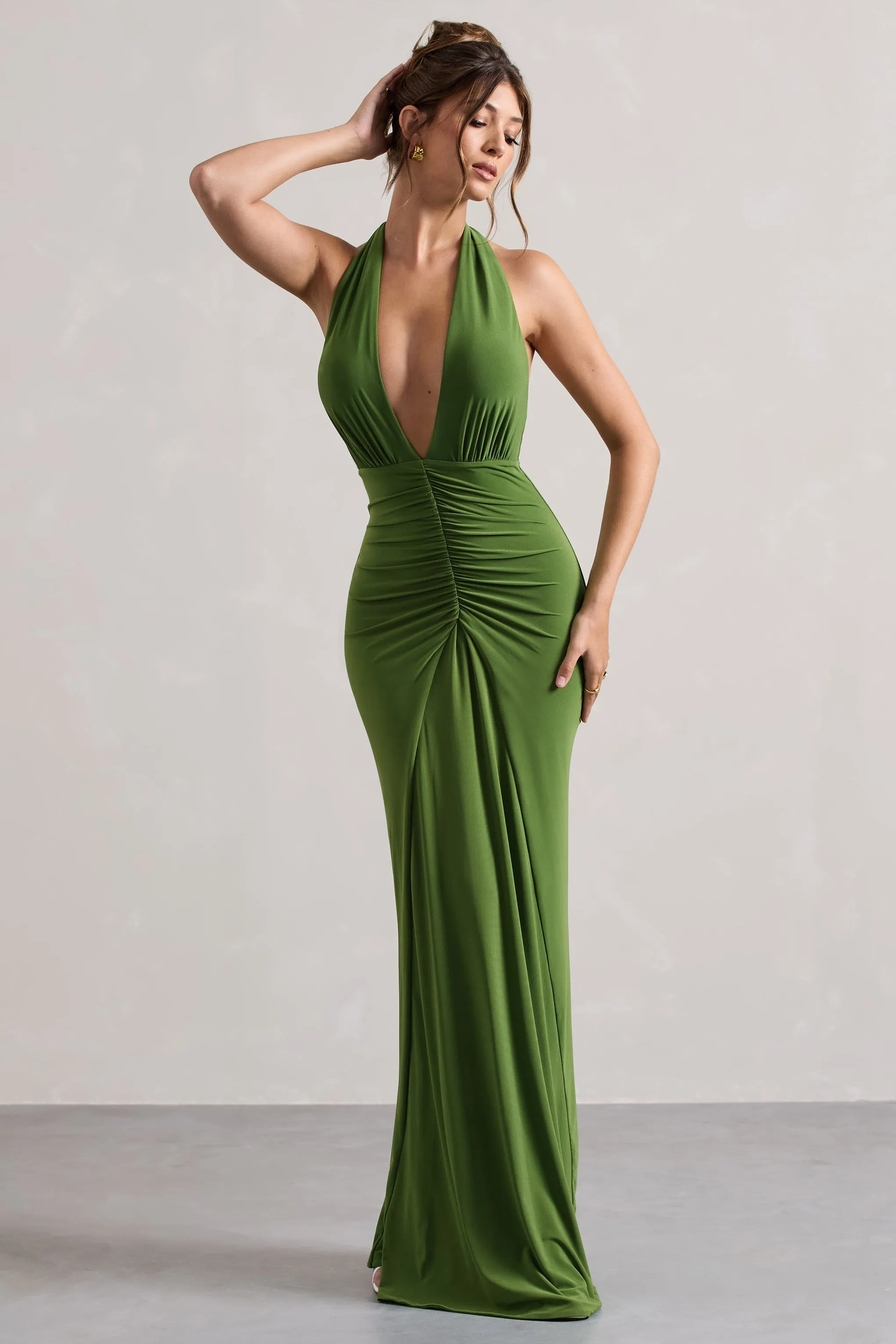 Payton | Palm Green Ruched Halter-Neck Maxi Dress