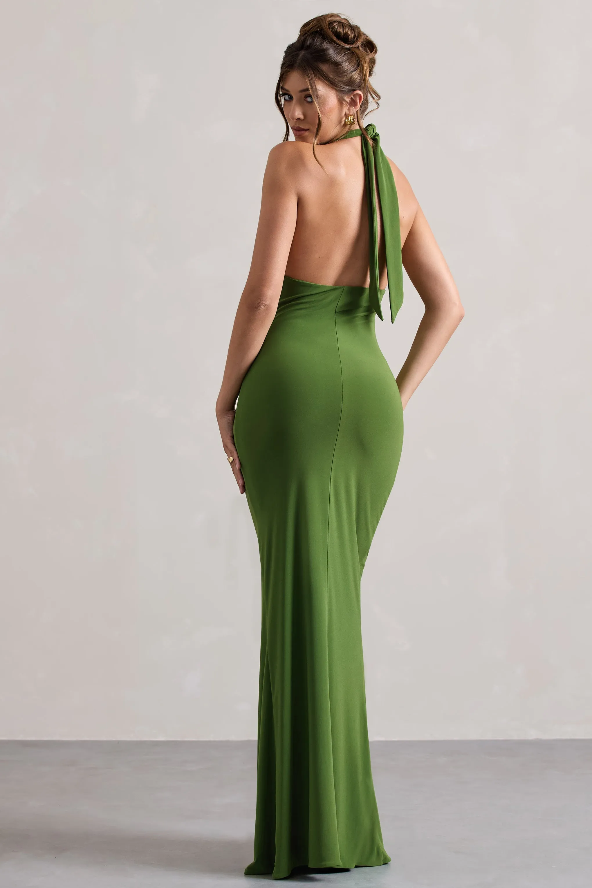 Payton | Palm Green Ruched Halter-Neck Maxi Dress