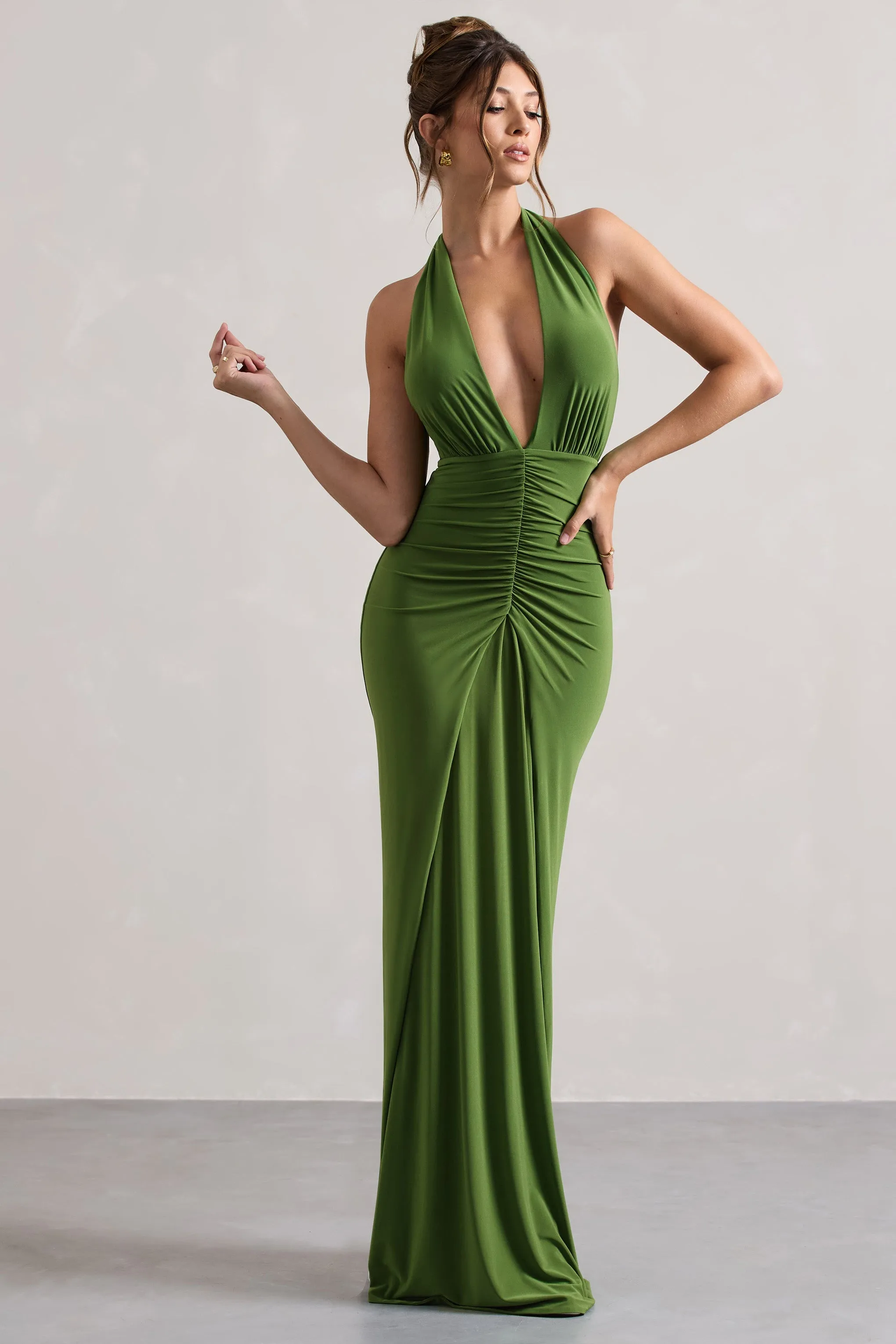 Payton | Palm Green Ruched Halter-Neck Maxi Dress