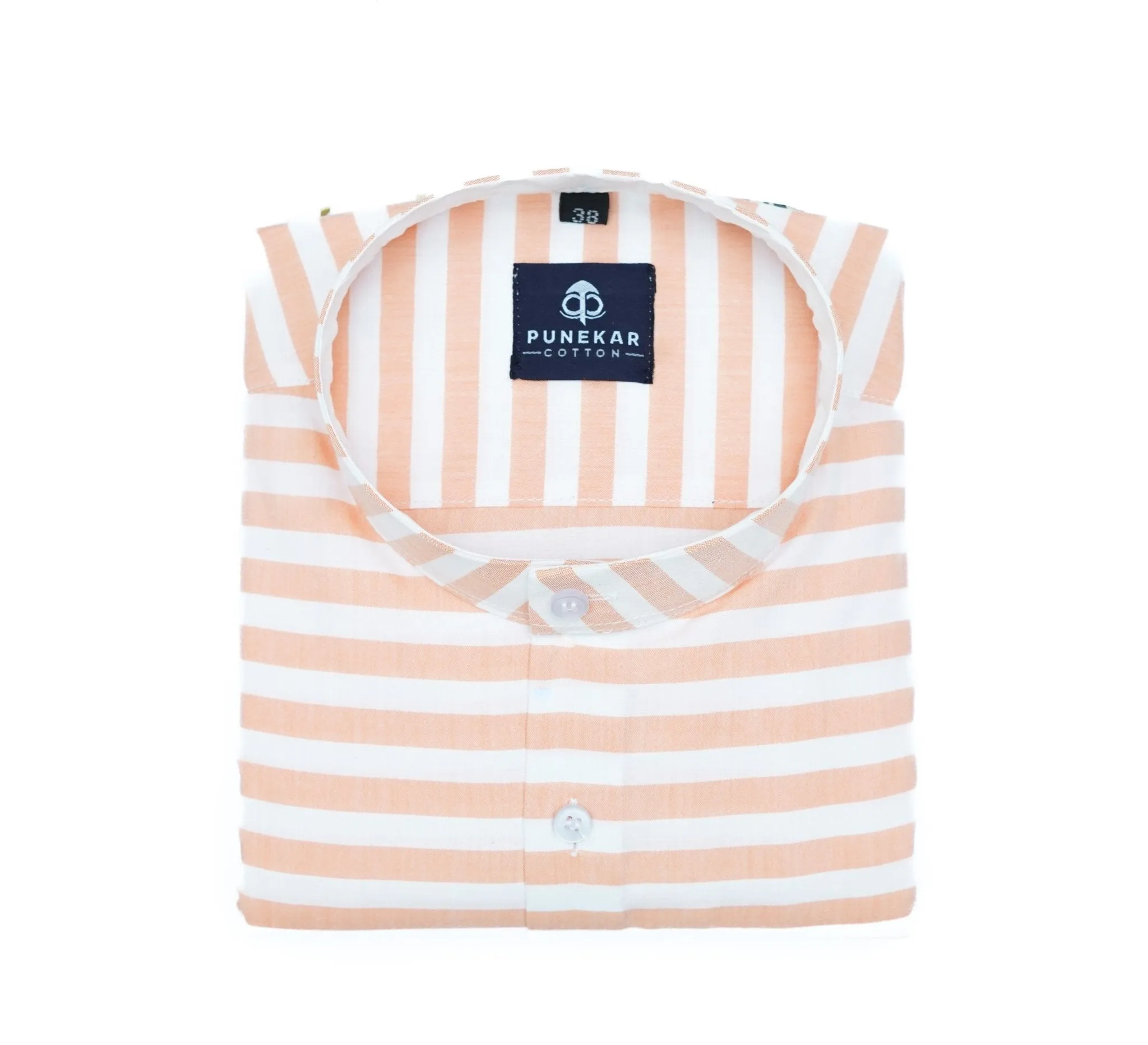 Peach Orange Color Stand Collar Strips Shirts For Men