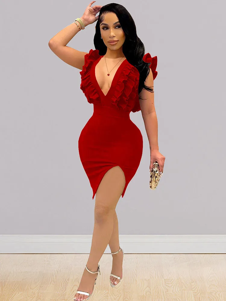 Plus Size V Neck Ruffle Sleeveless Mini Dresses