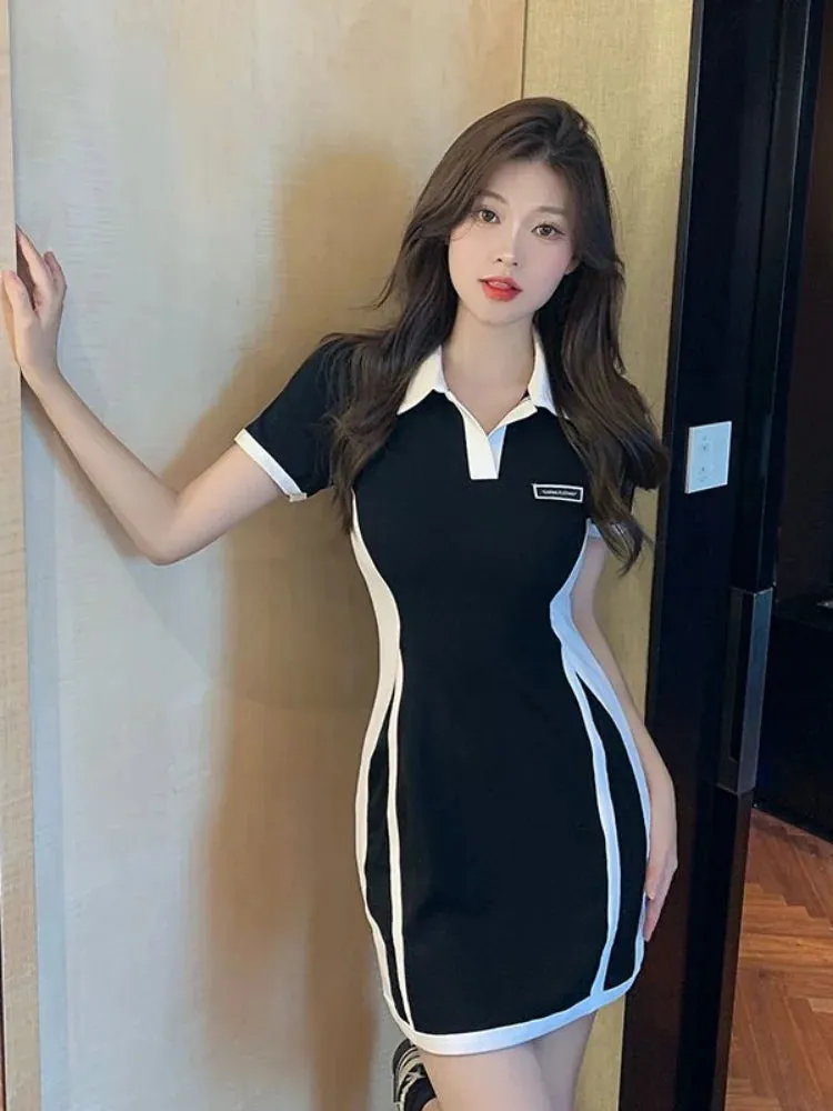 Preppy Style School Student Mini Dress Korean Fashion Kpop Bodycon Slim Mini Short Dresses Polo Collar Summer