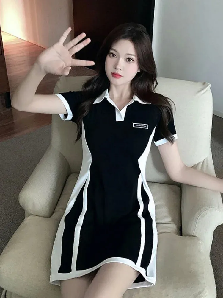 Preppy Style School Student Mini Dress Korean Fashion Kpop Bodycon Slim Mini Short Dresses Polo Collar Summer