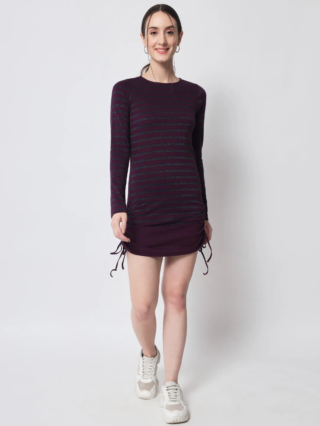 Purple & Grey Melange Striped Long Sleeves Bodycon Mini Cotton Dress