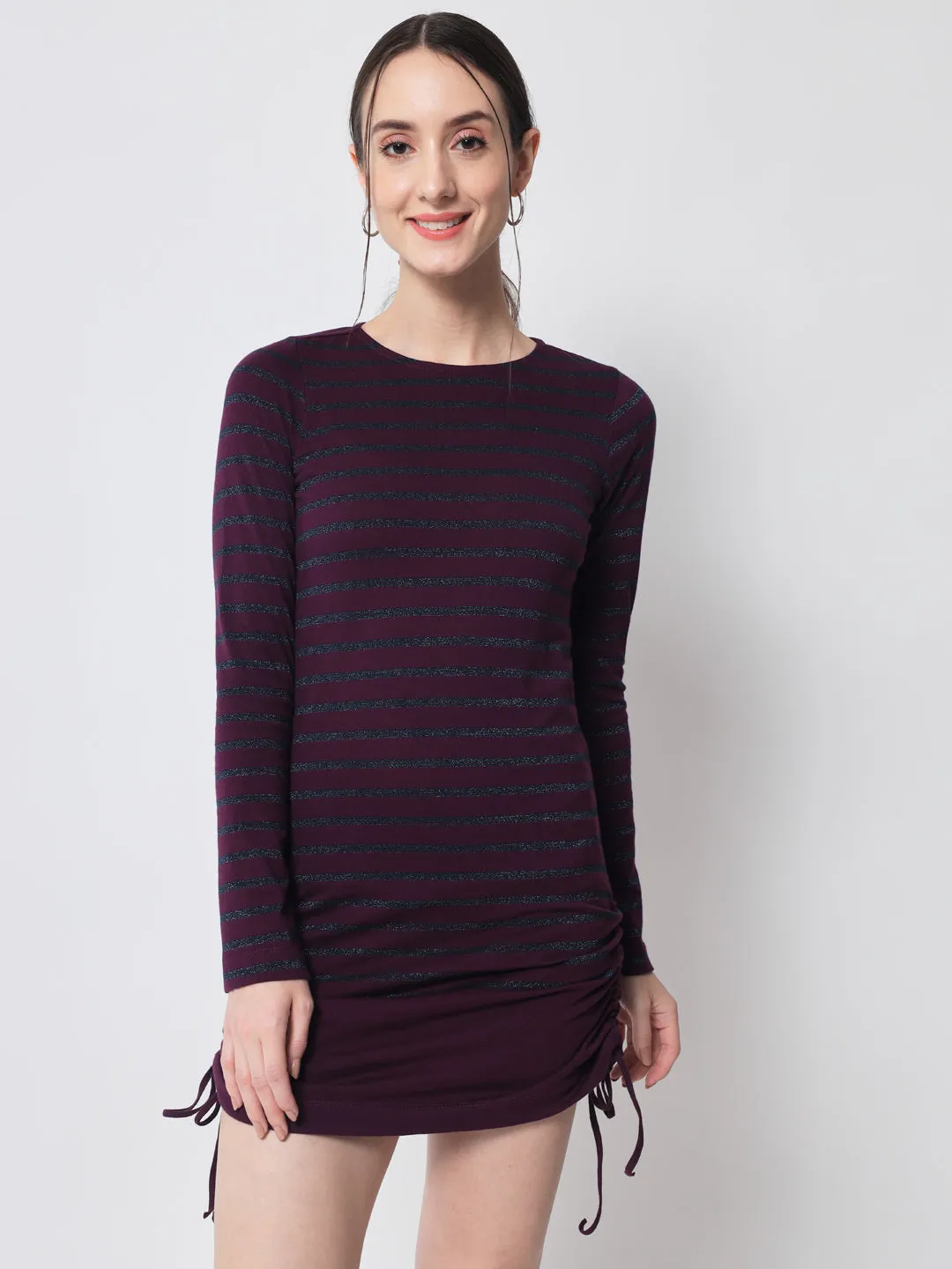 Purple & Grey Melange Striped Long Sleeves Bodycon Mini Cotton Dress