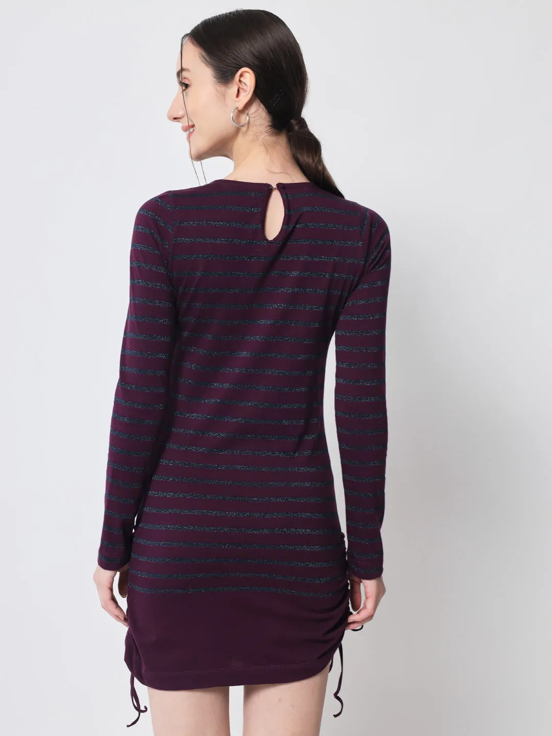 Purple & Grey Melange Striped Long Sleeves Bodycon Mini Cotton Dress