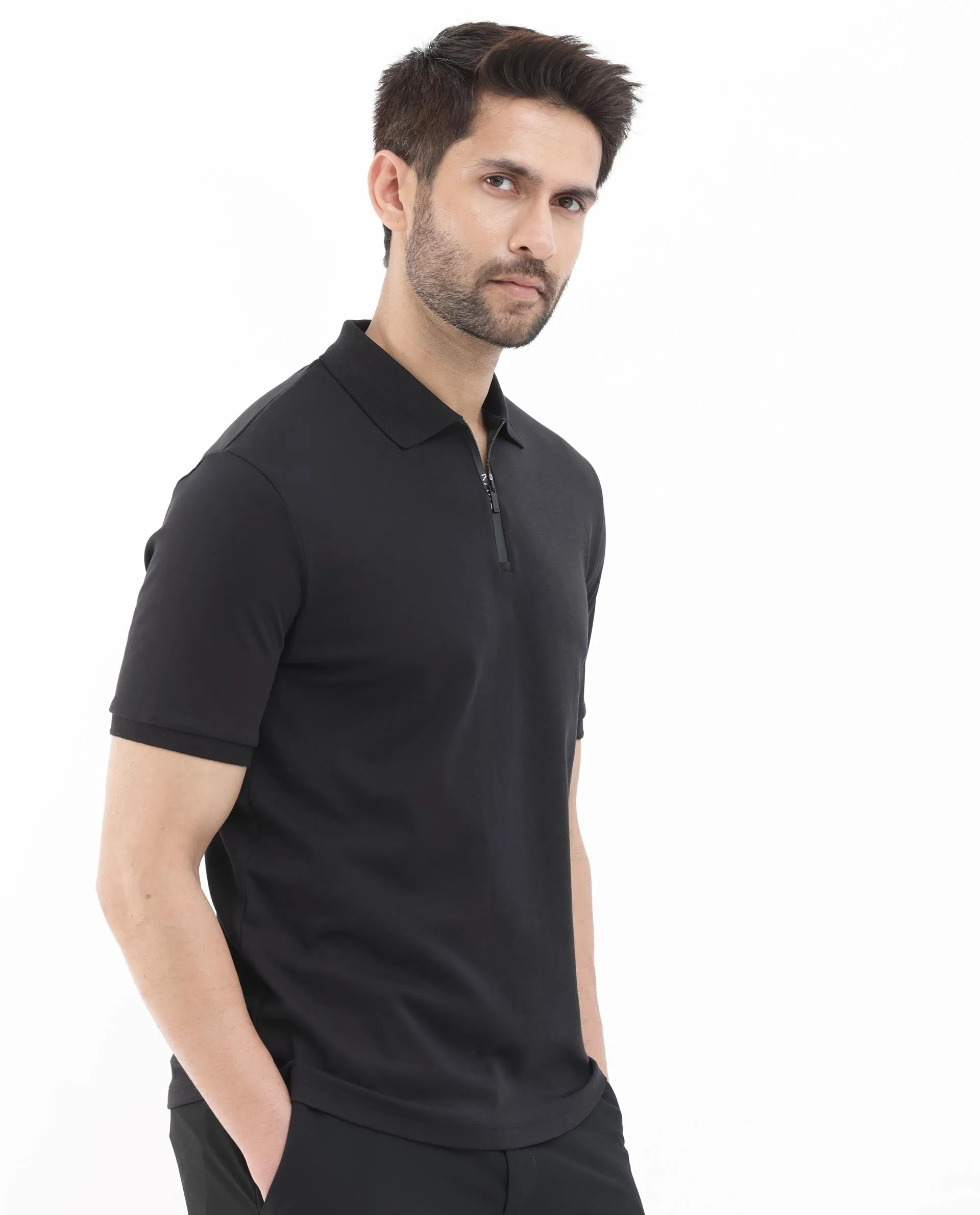 Rare Rabbit Men Holit-1 Black Cotton Fabric Short Sleeve Collared Neck Regular Fit Printed Polo