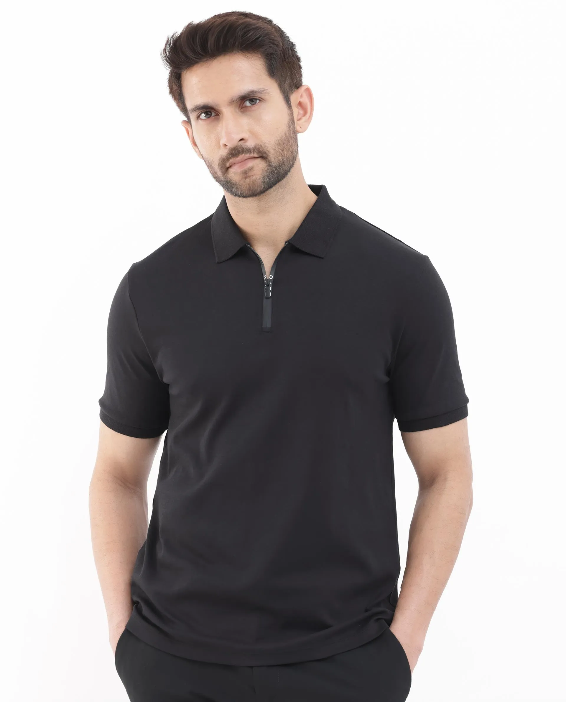 Rare Rabbit Men Holit-1 Black Cotton Fabric Short Sleeve Collared Neck Regular Fit Printed Polo