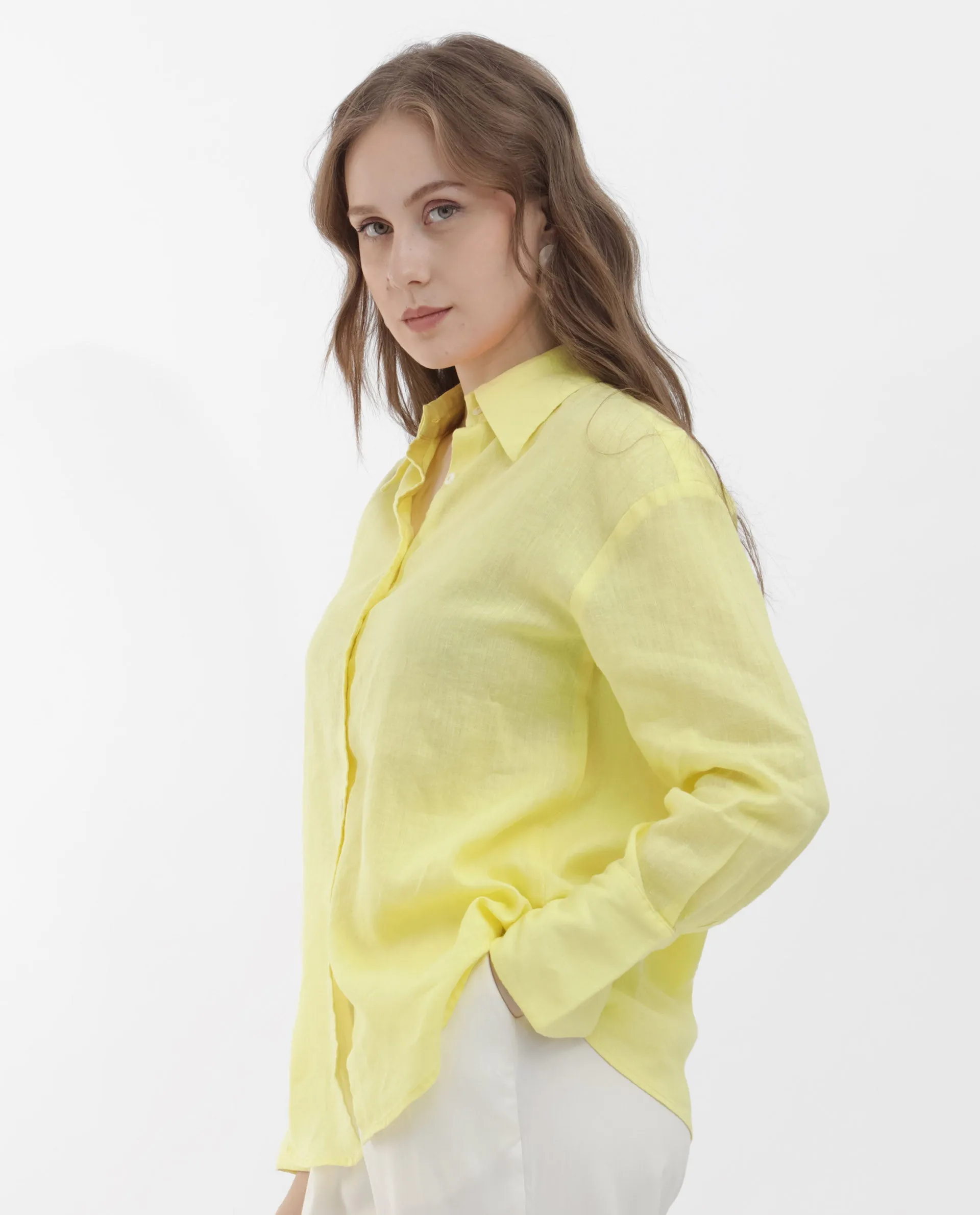 Rareism Women Barbadoss Yellow Viscose Linen Fabric Full Sleeves Button Closure Shirt Collar Regular Fit Plain Shirt