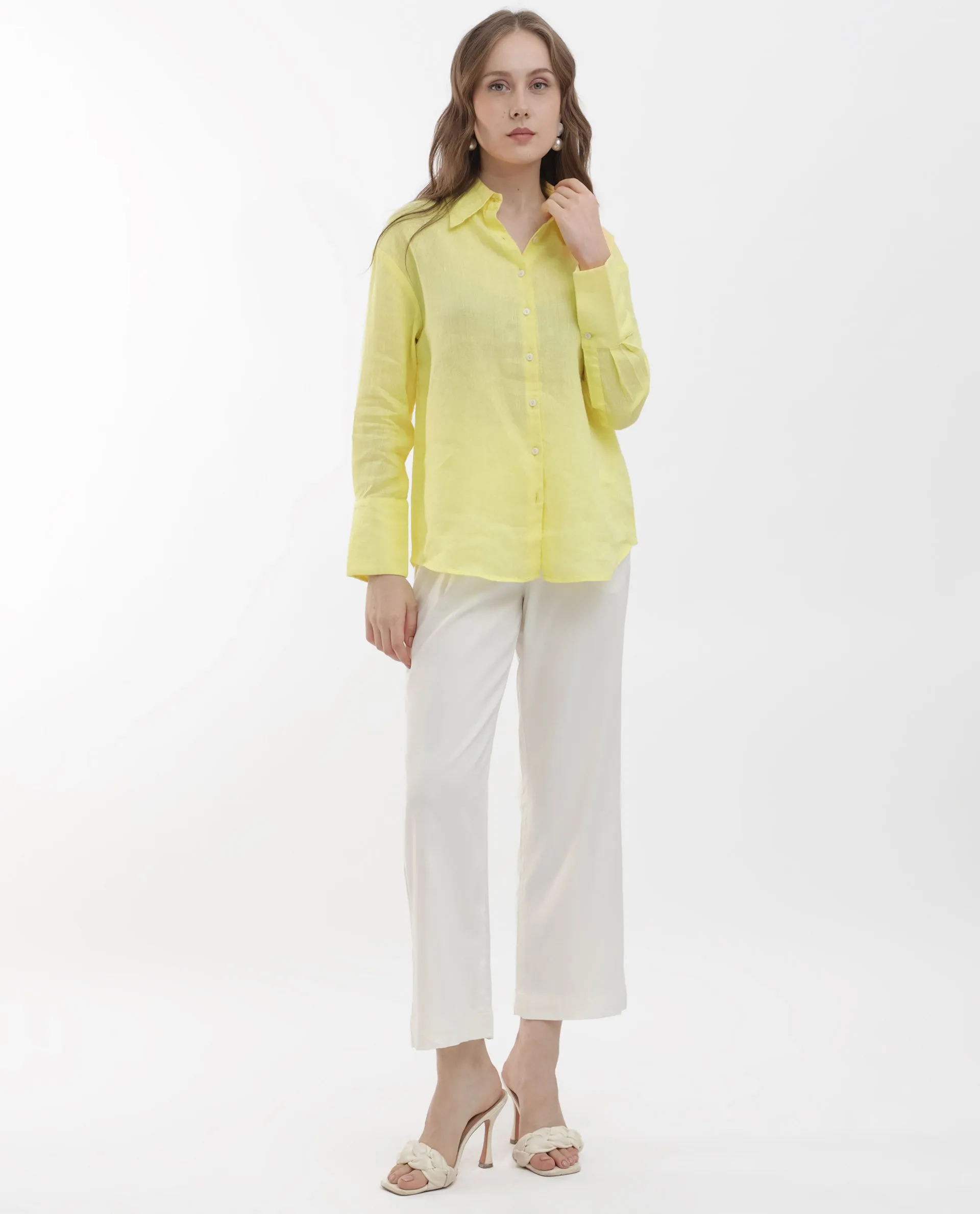 Rareism Women Barbadoss Yellow Viscose Linen Fabric Full Sleeves Button Closure Shirt Collar Regular Fit Plain Shirt