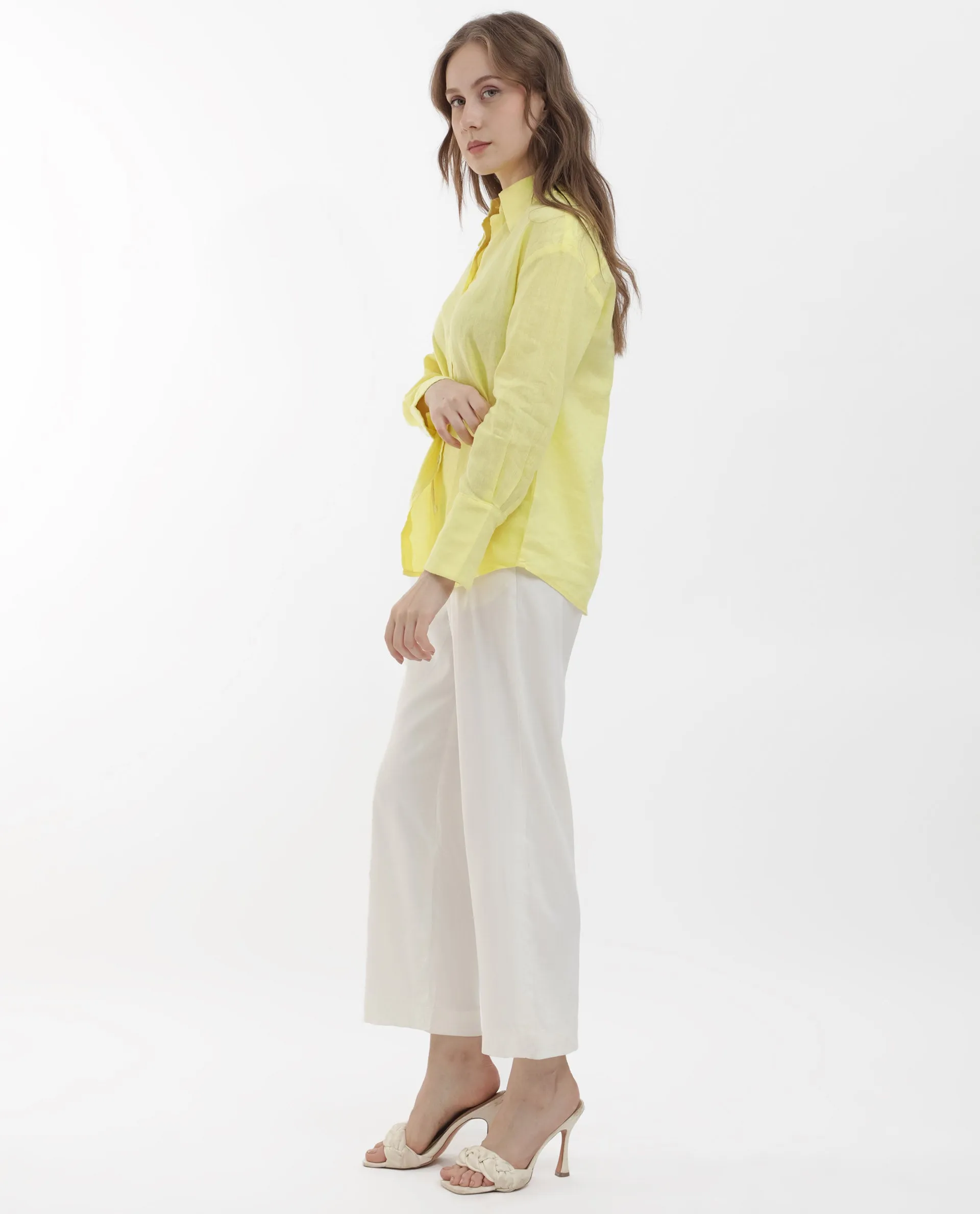 Rareism Women Barbadoss Yellow Viscose Linen Fabric Full Sleeves Button Closure Shirt Collar Regular Fit Plain Shirt