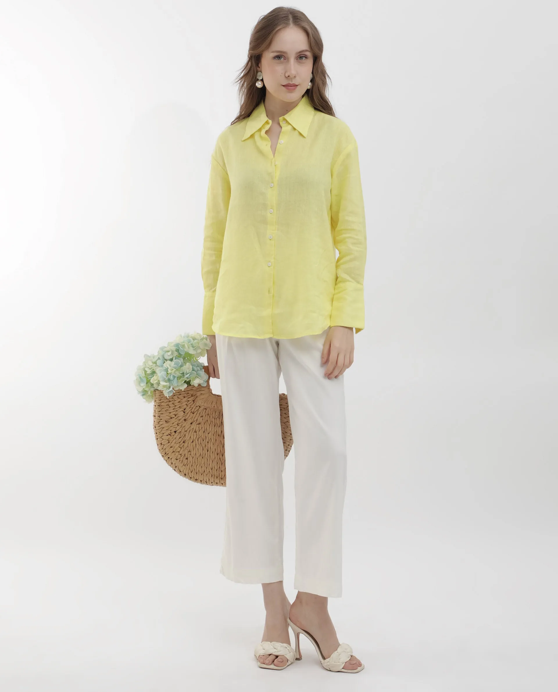 Rareism Women Barbadoss Yellow Viscose Linen Fabric Full Sleeves Button Closure Shirt Collar Regular Fit Plain Shirt