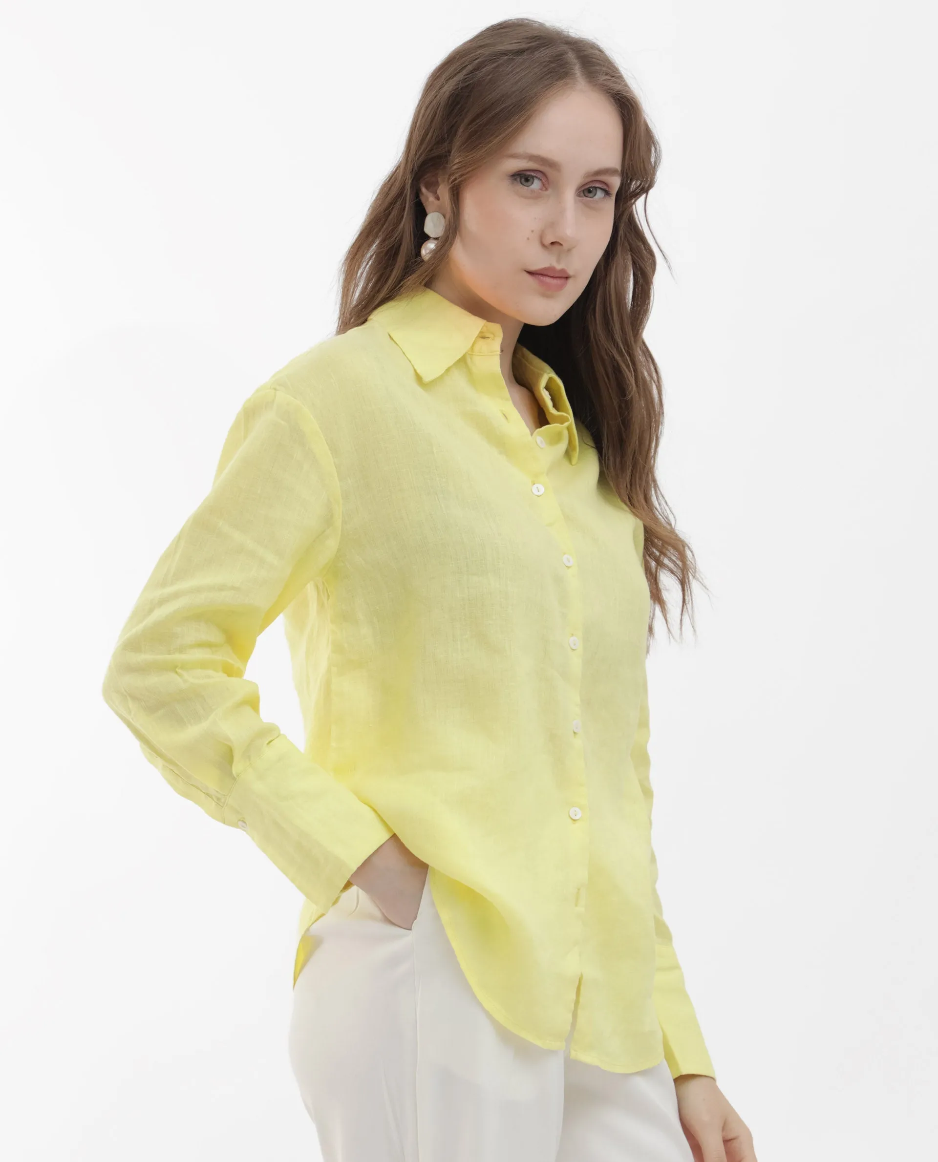 Rareism Women Barbadoss Yellow Viscose Linen Fabric Full Sleeves Button Closure Shirt Collar Regular Fit Plain Shirt