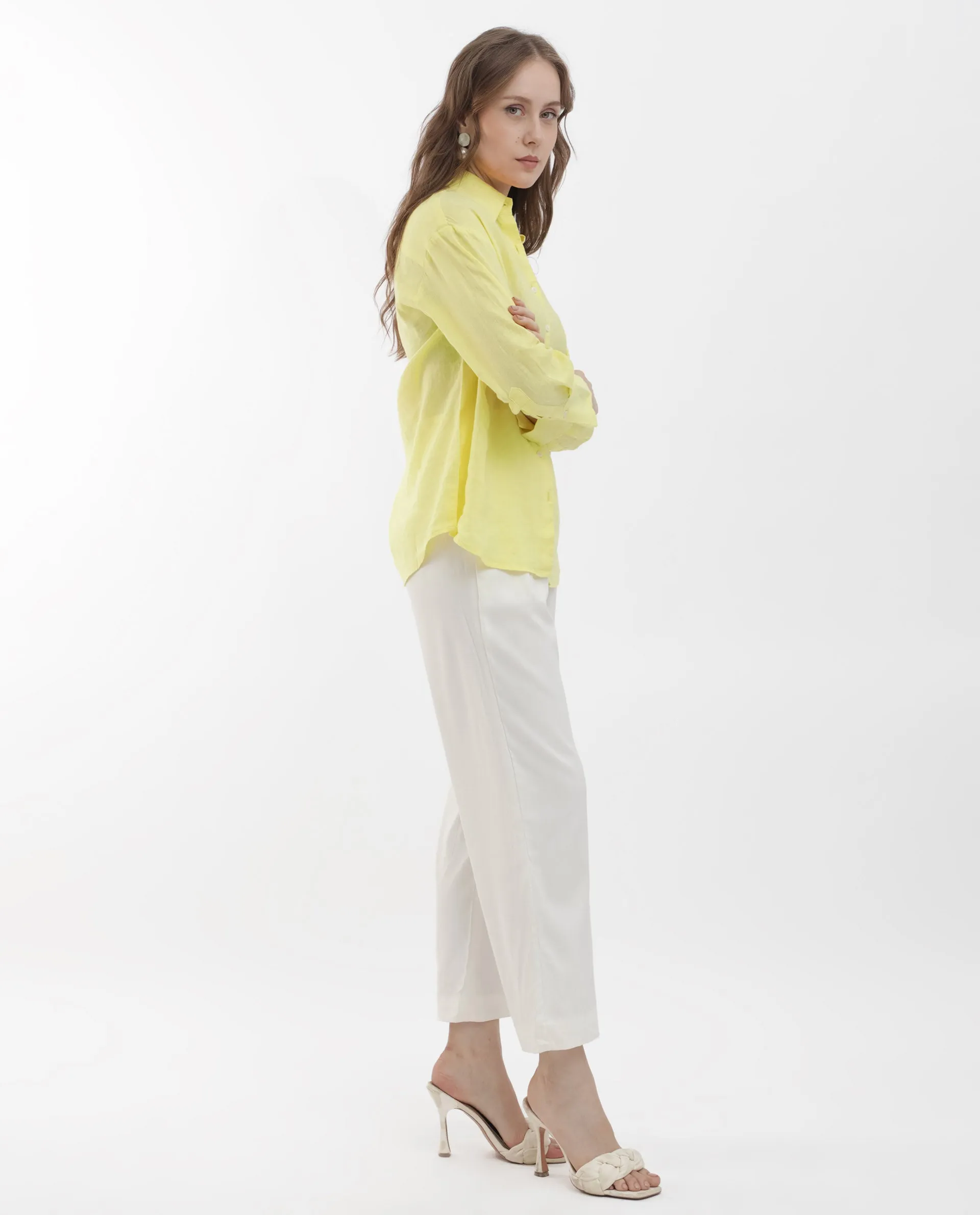 Rareism Women Barbadoss Yellow Viscose Linen Fabric Full Sleeves Button Closure Shirt Collar Regular Fit Plain Shirt