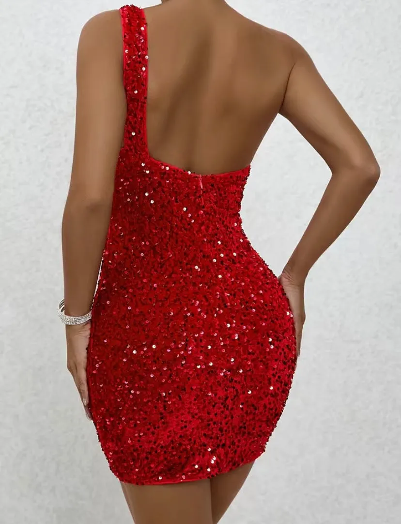 Red Velvet Sequin One Shoulder Bodycon Dress