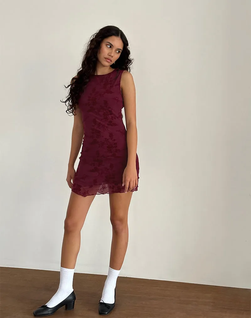 Renata Mini Dress in Flocked Botanical Flower Maroon