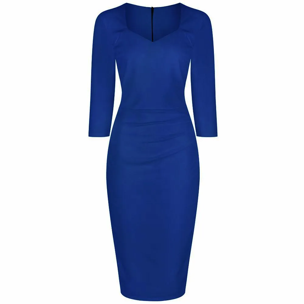 Royal Blue 3/4 Sleeve Sweetheart Neckline Bodycon Wiggle Pencil Dress