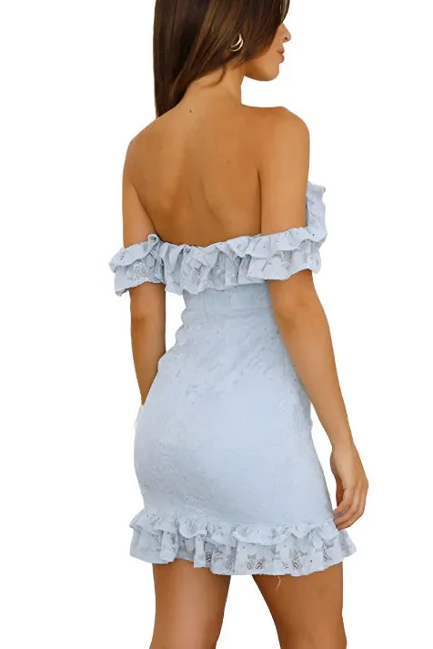 Ruffle Lace Off The Shoulder Mini Body Con Dress, / CM0829B