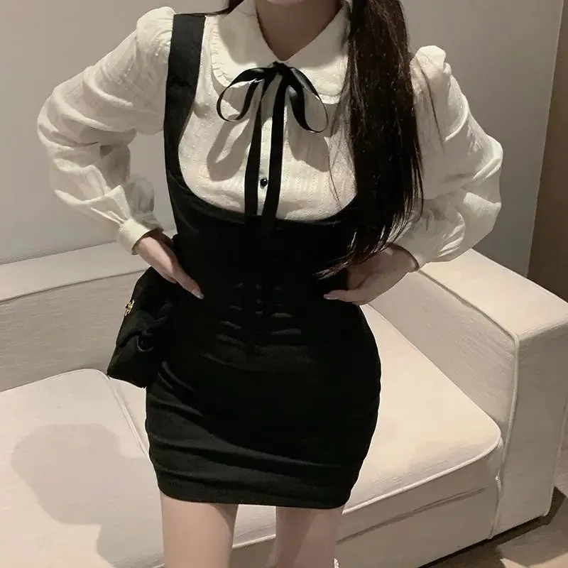 School Student Bodycon Dress Fake Two Korean Fashion Slim Long Sleeve Mini Short Dresses Kpop Kawaii Cute Outfits