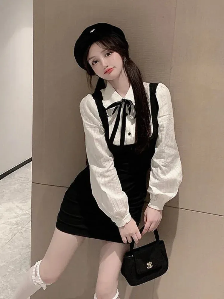 School Student Bodycon Dress Fake Two Korean Fashion Slim Long Sleeve Mini Short Dresses Kpop Kawaii Cute Outfits