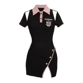 School Y2k Kawaii Black Dress Bodycon Korean Style Polo Caollar Off Shoulder Long Sleeve Short Dresses Autumn